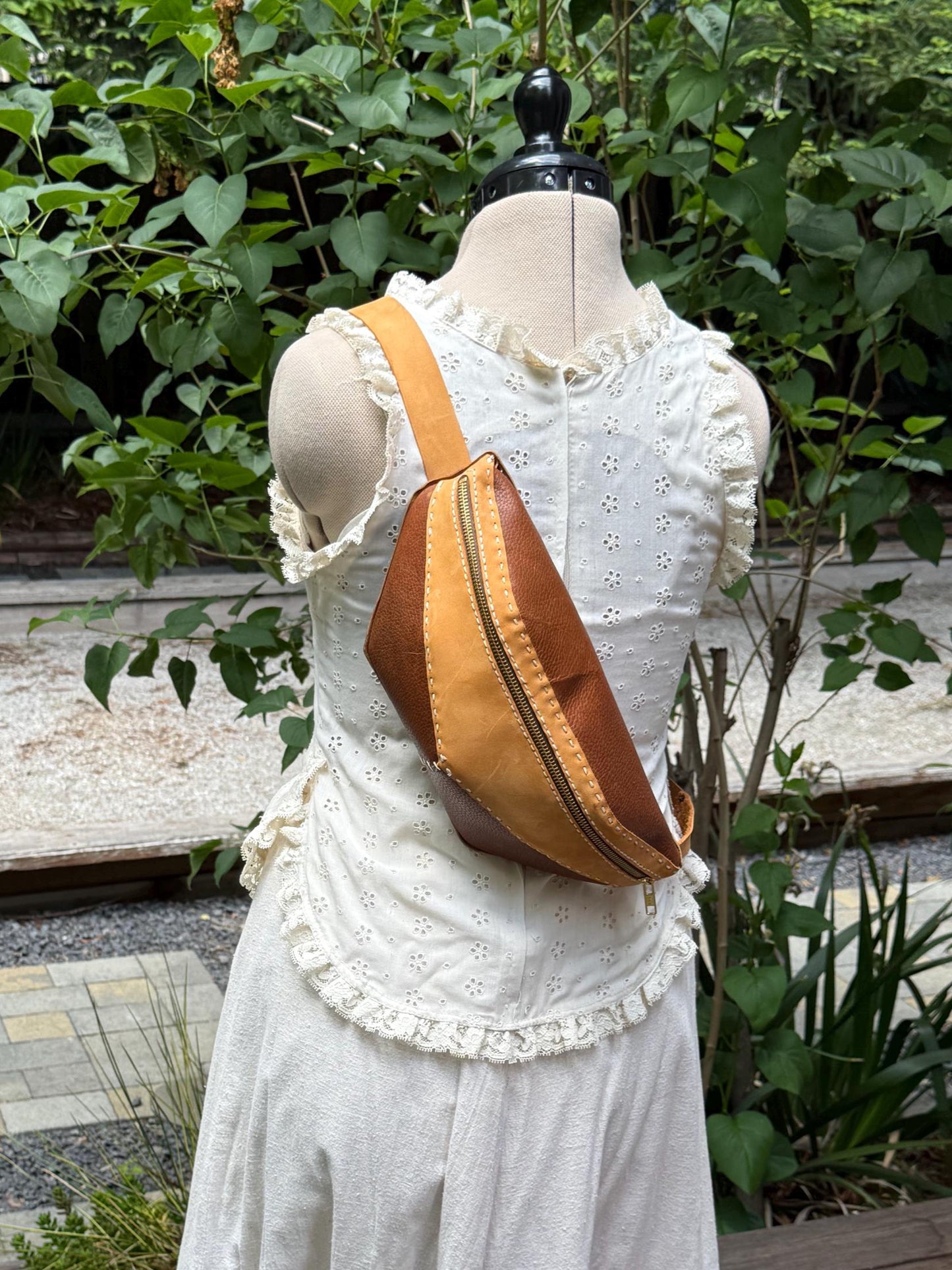 Hand-Stitched, Two-tone Cow Leather Crossbody Bag