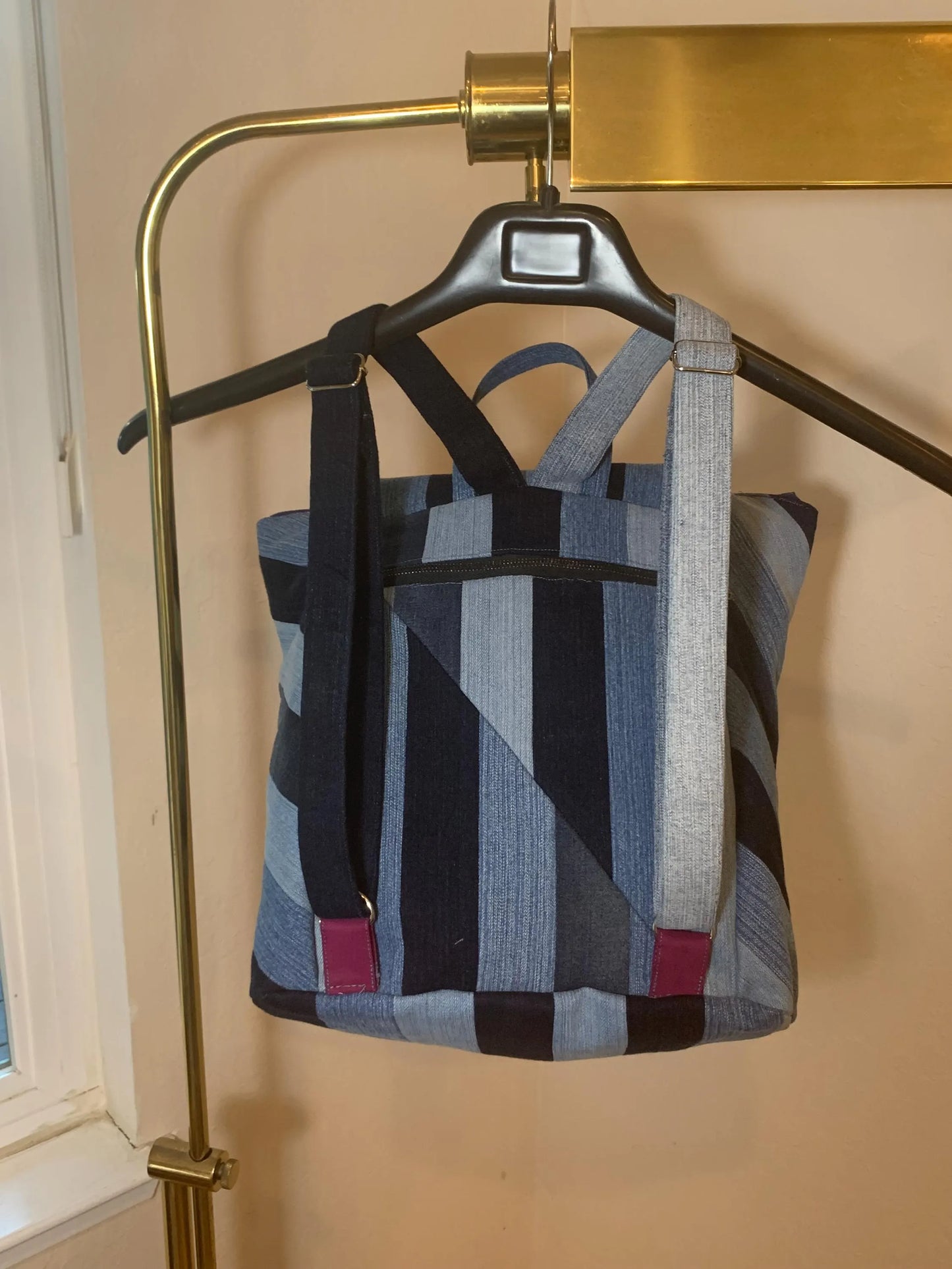 Handcrafted Diagonal Striped Denim Backpack