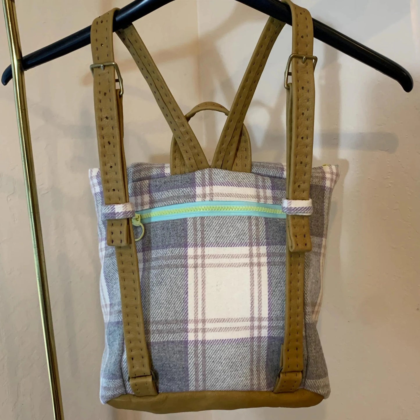Handmade Plaid, Leather and Satin Backpack