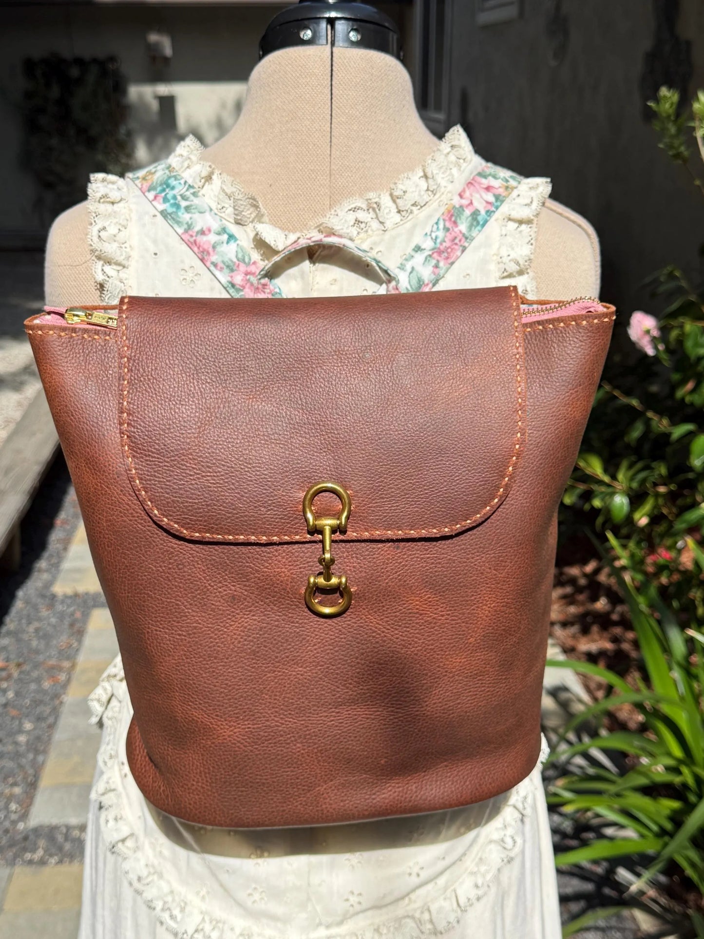 Chocolate Brown Hand-Sewn Backpack with Floral Lining