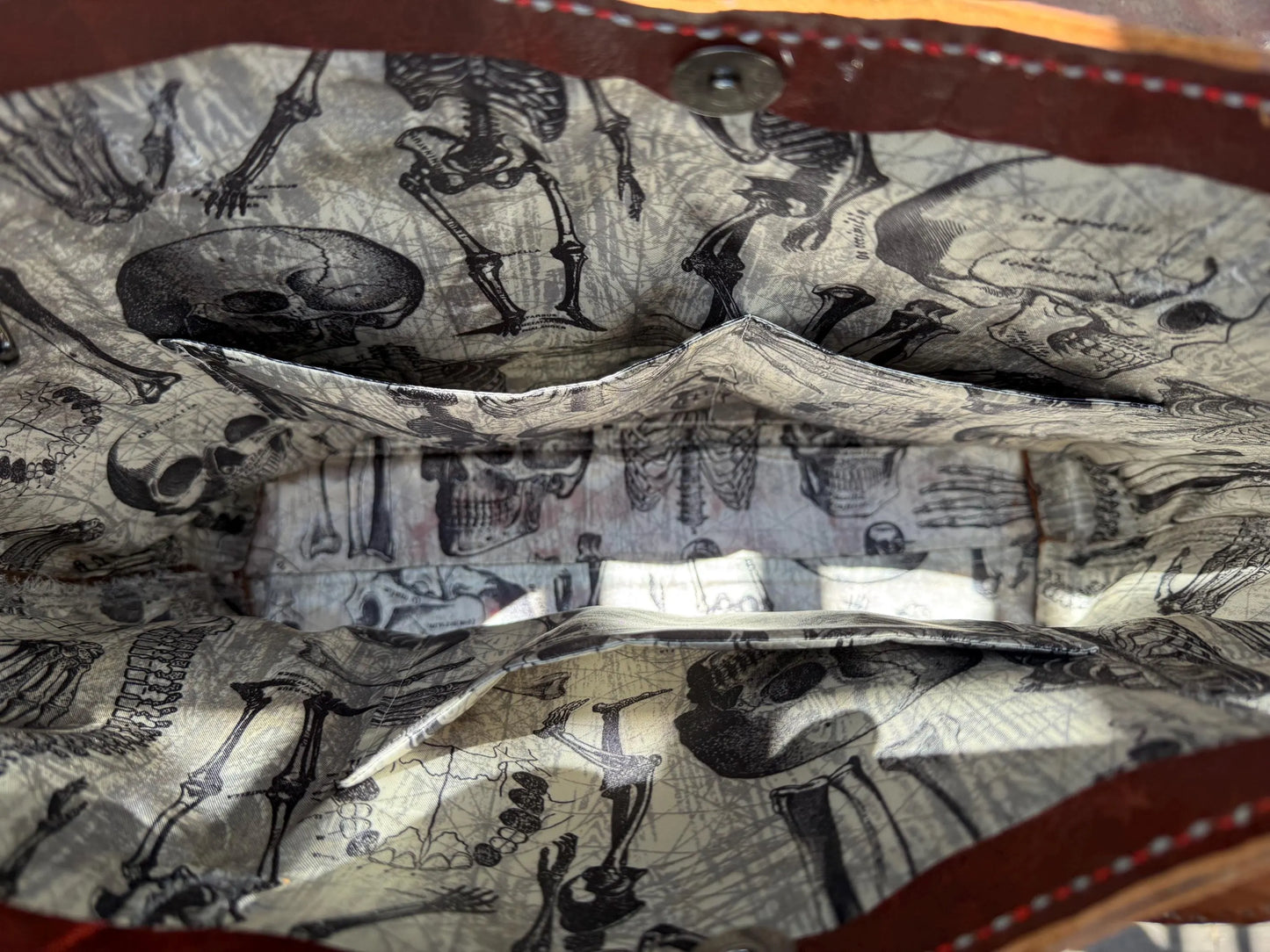 Red-Brown Cow Leather Tote with Anatomically Correct Skeleton and Skull Satin Lining