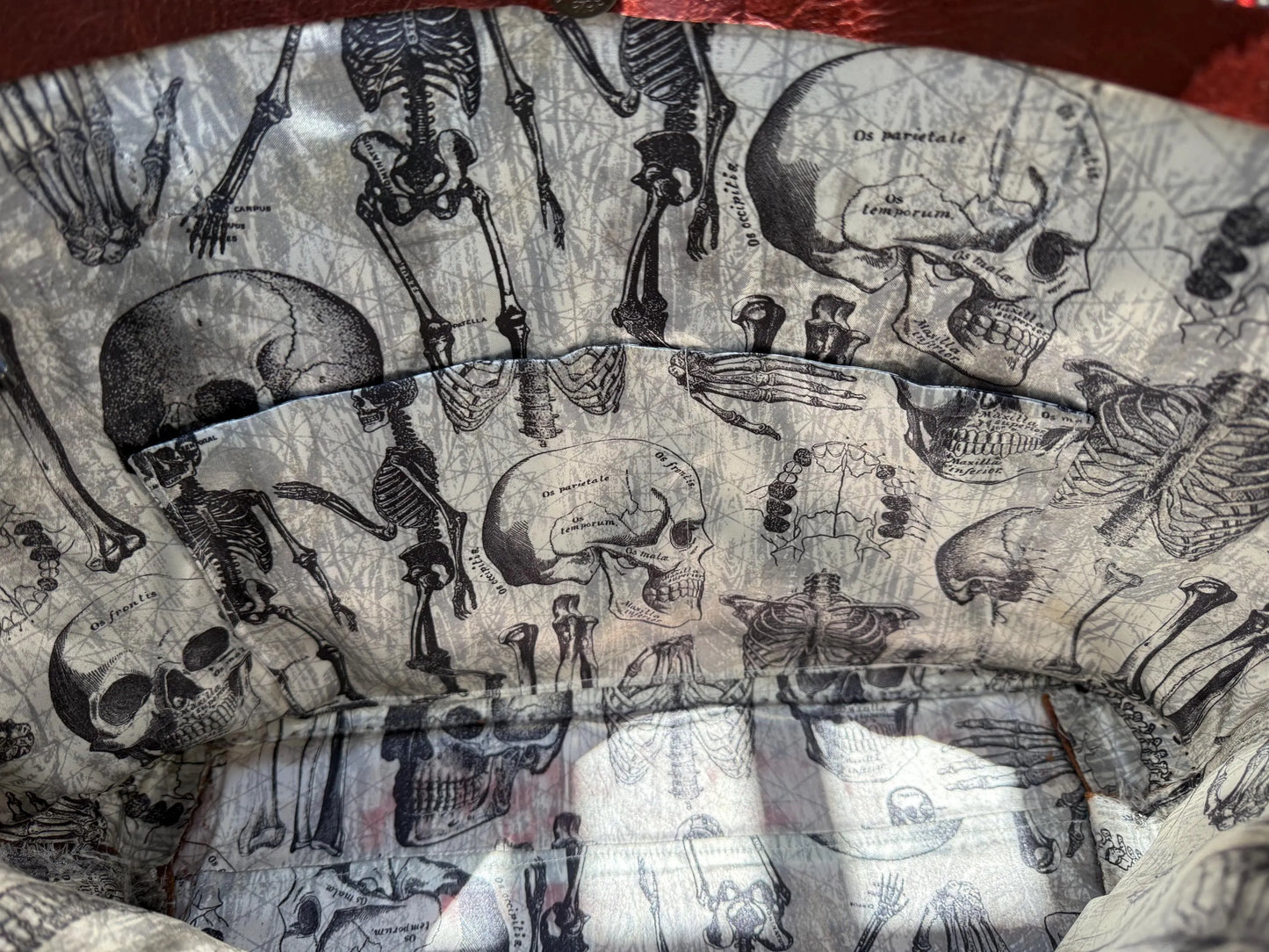 Red-Brown Cow Leather Tote with Anatomically Correct Skeleton and Skull Satin Lining