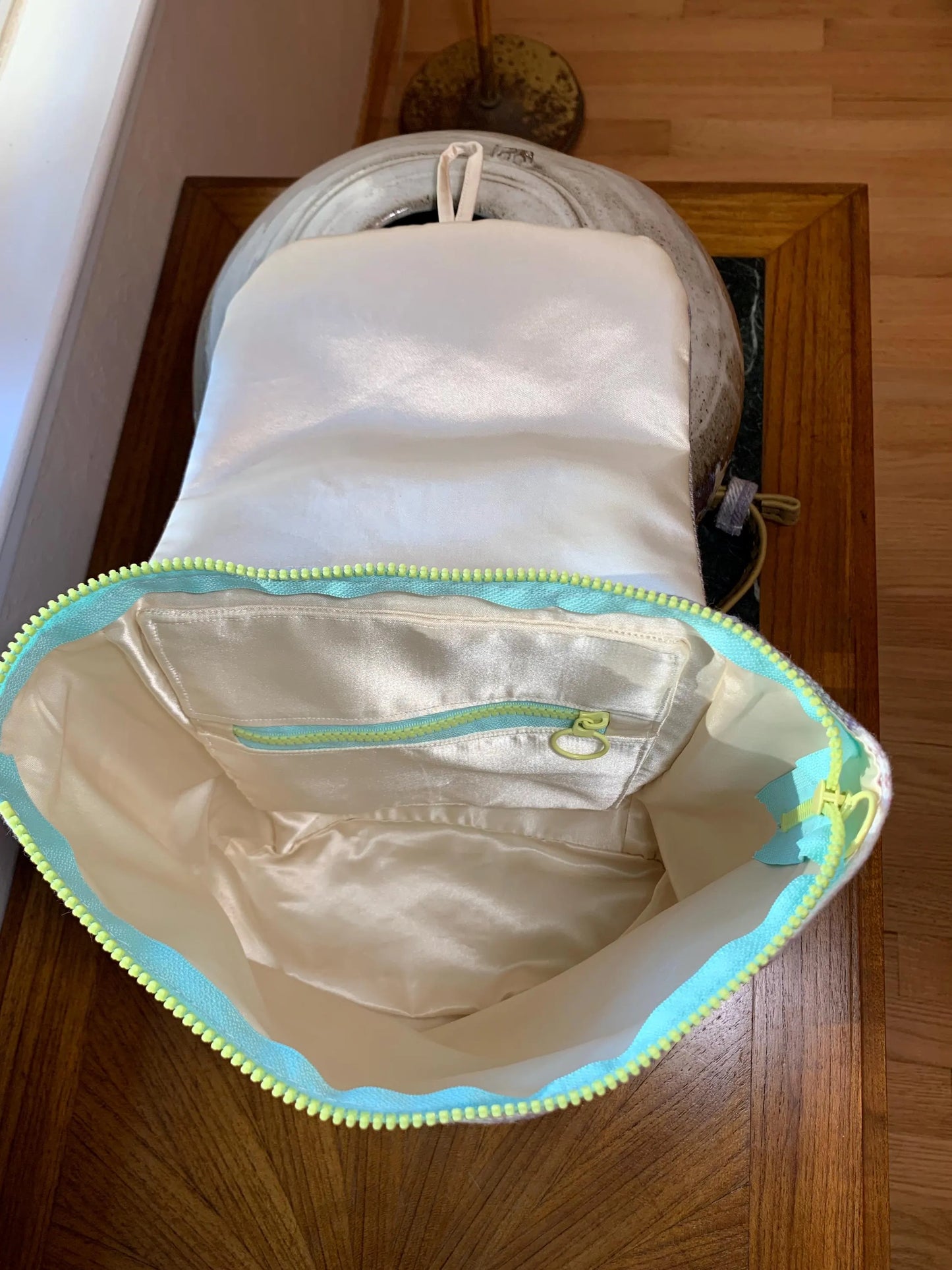 Handmade Plaid, Leather and Satin Backpack