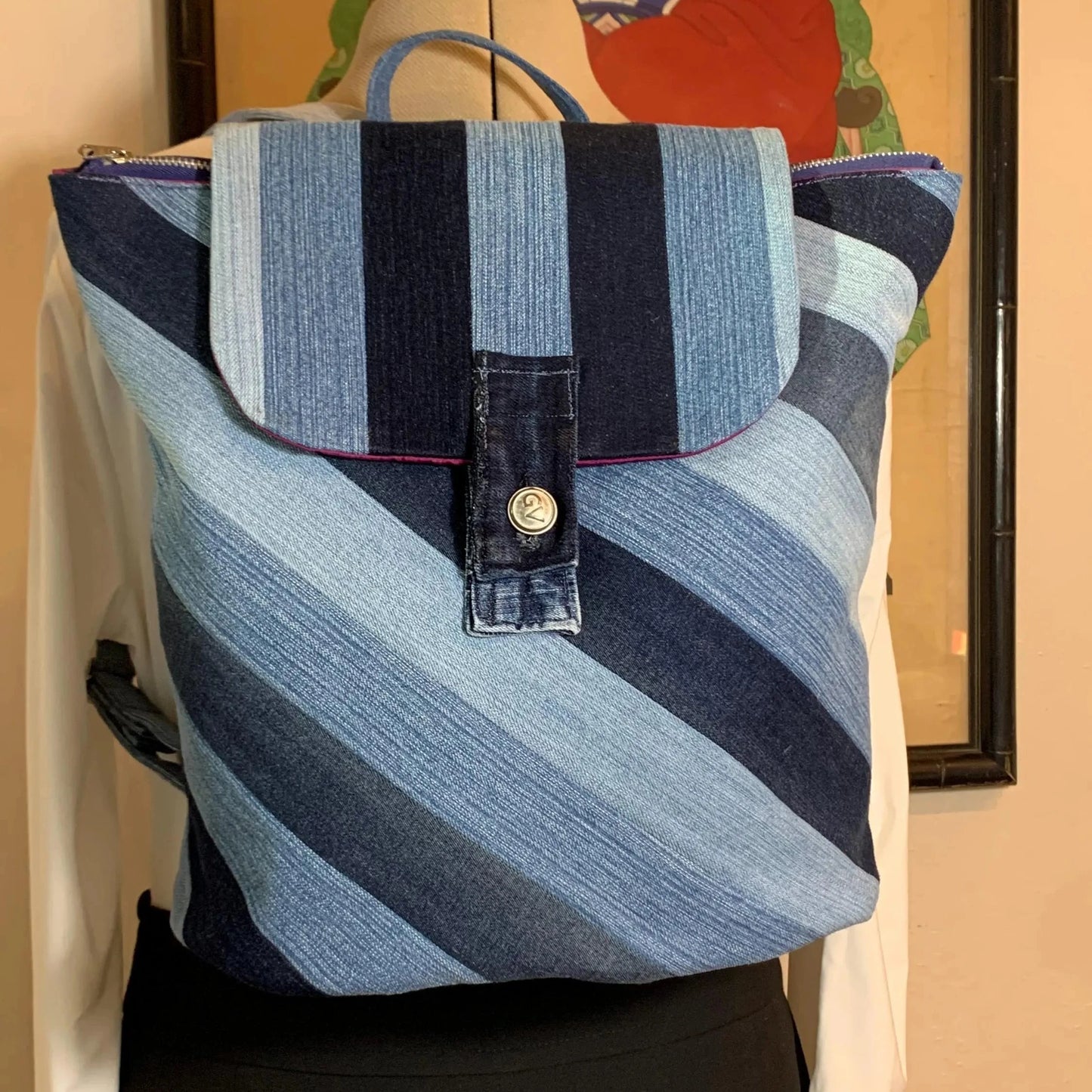 Handcrafted Diagonal Striped Denim Backpack