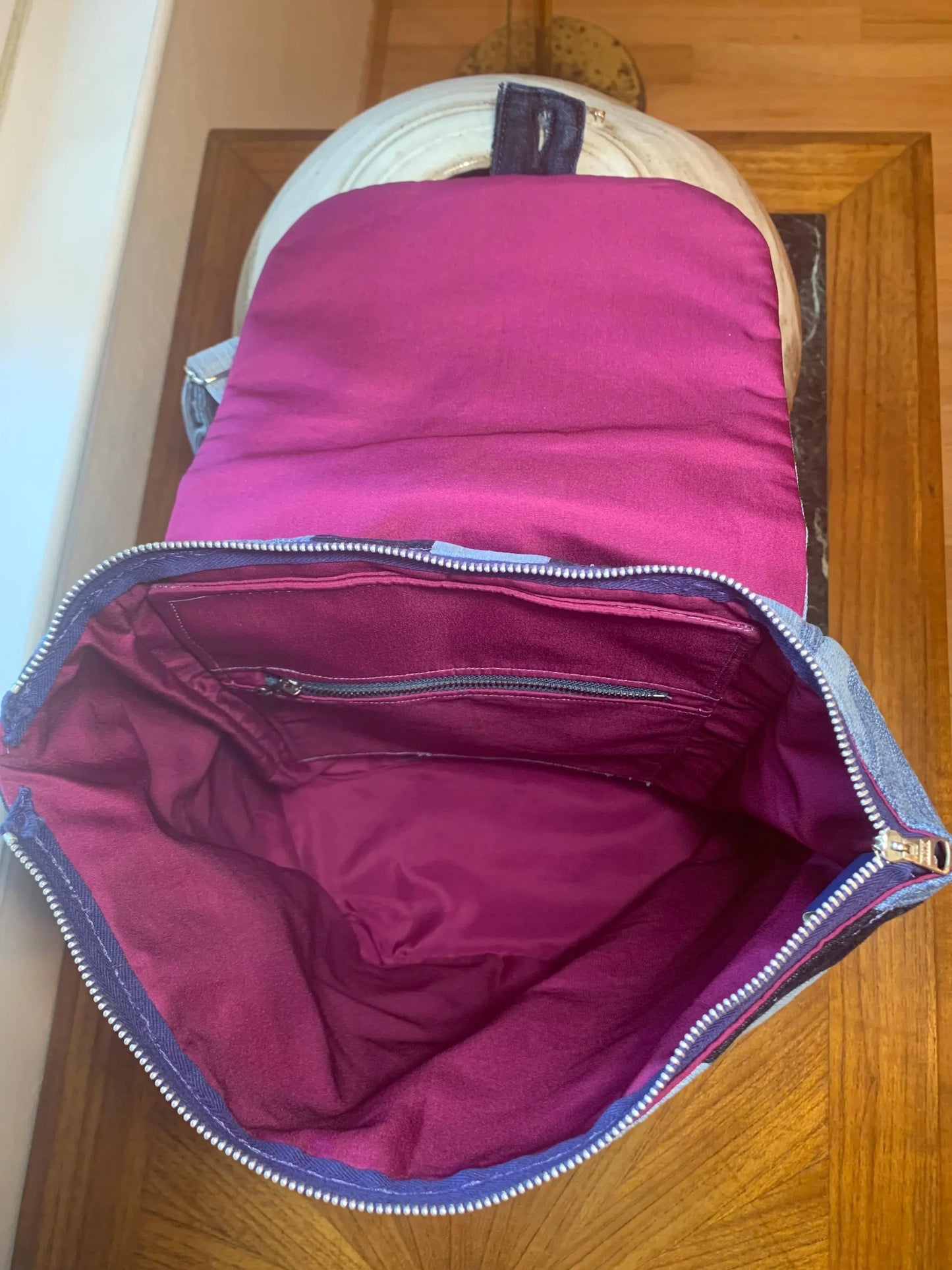 Handcrafted Diagonal Striped Denim Backpack