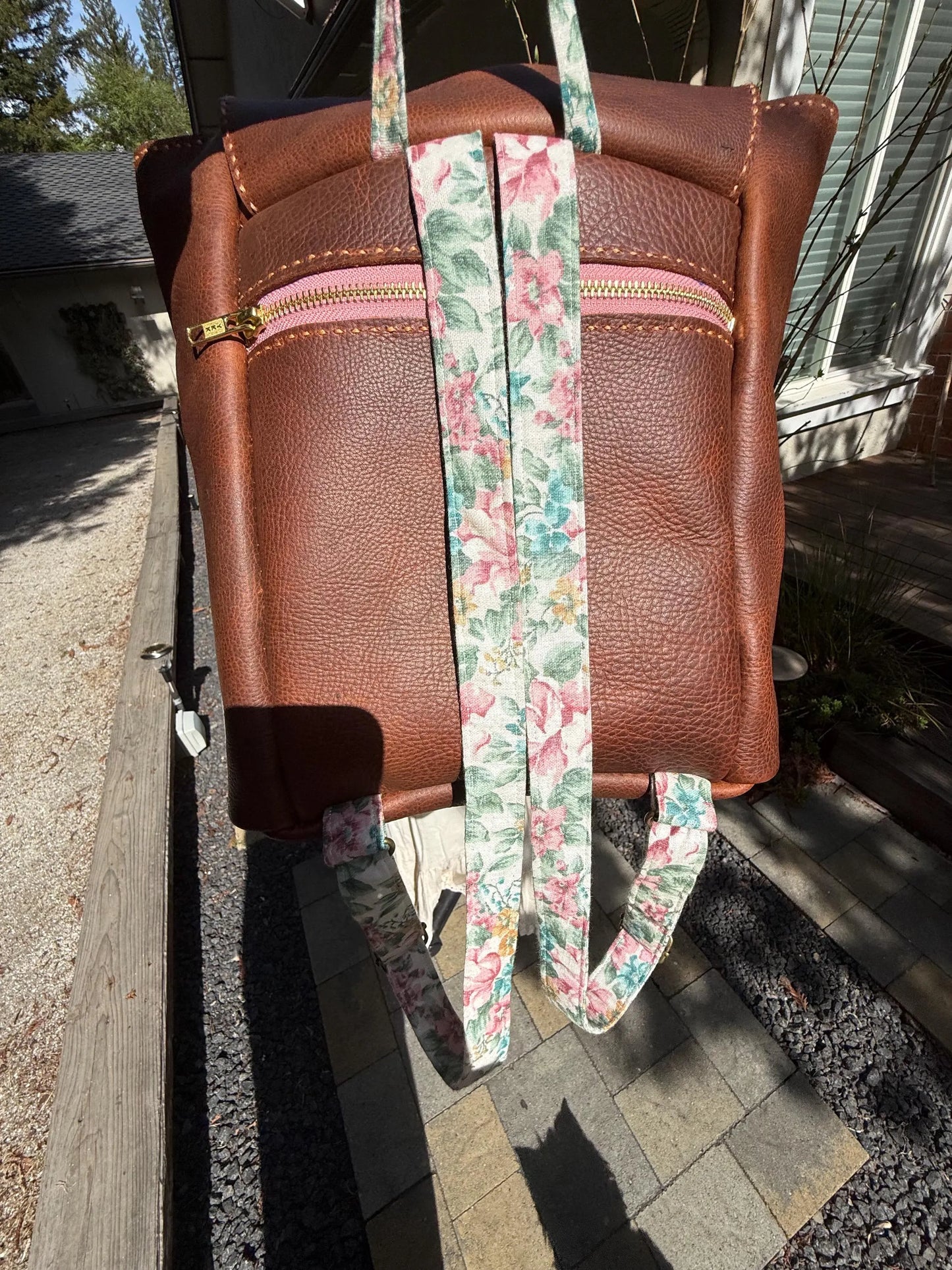 Chocolate Brown Hand-Sewn Backpack with Floral Lining