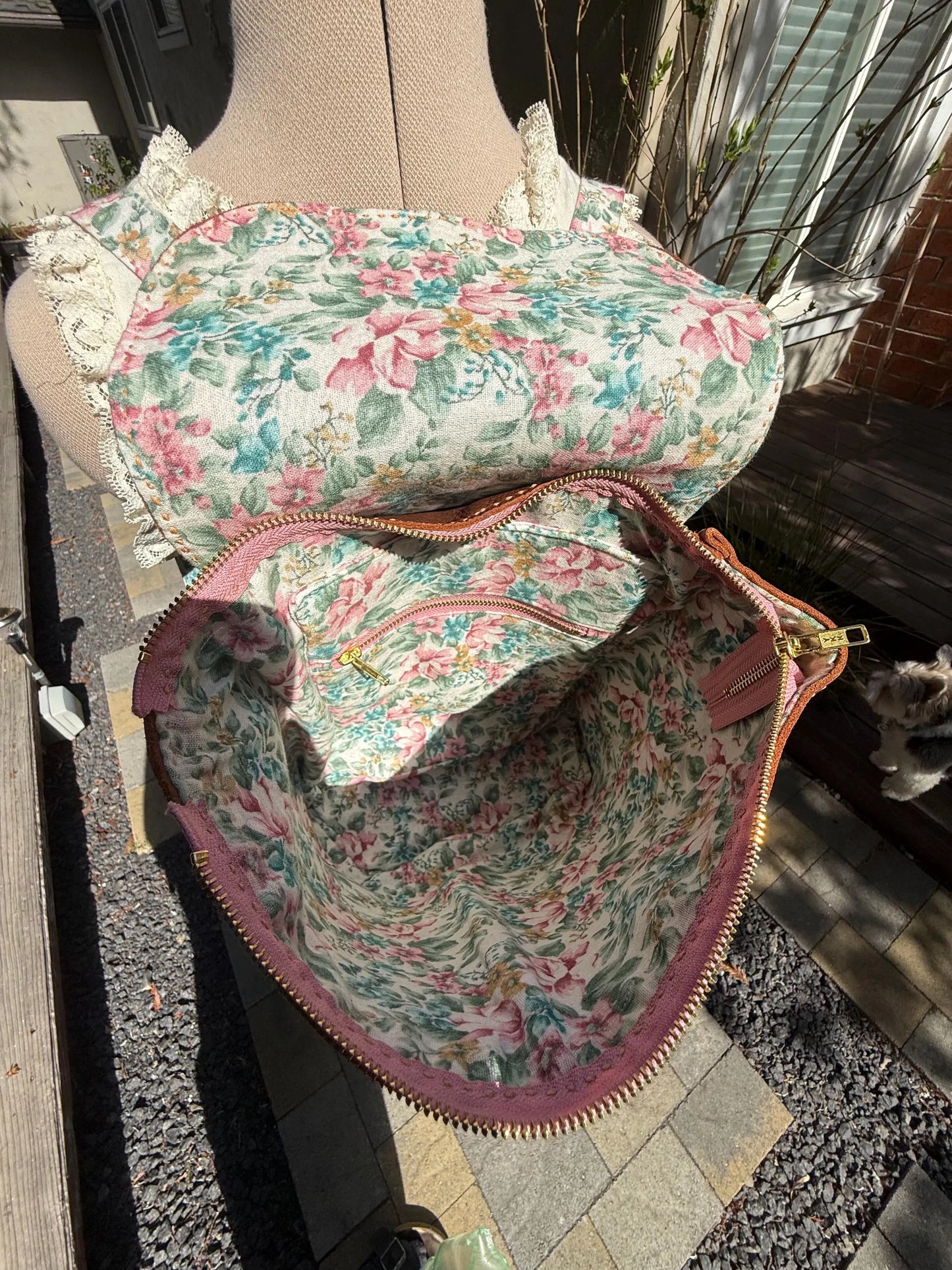 Chocolate Brown Hand-Sewn Backpack with Floral Lining