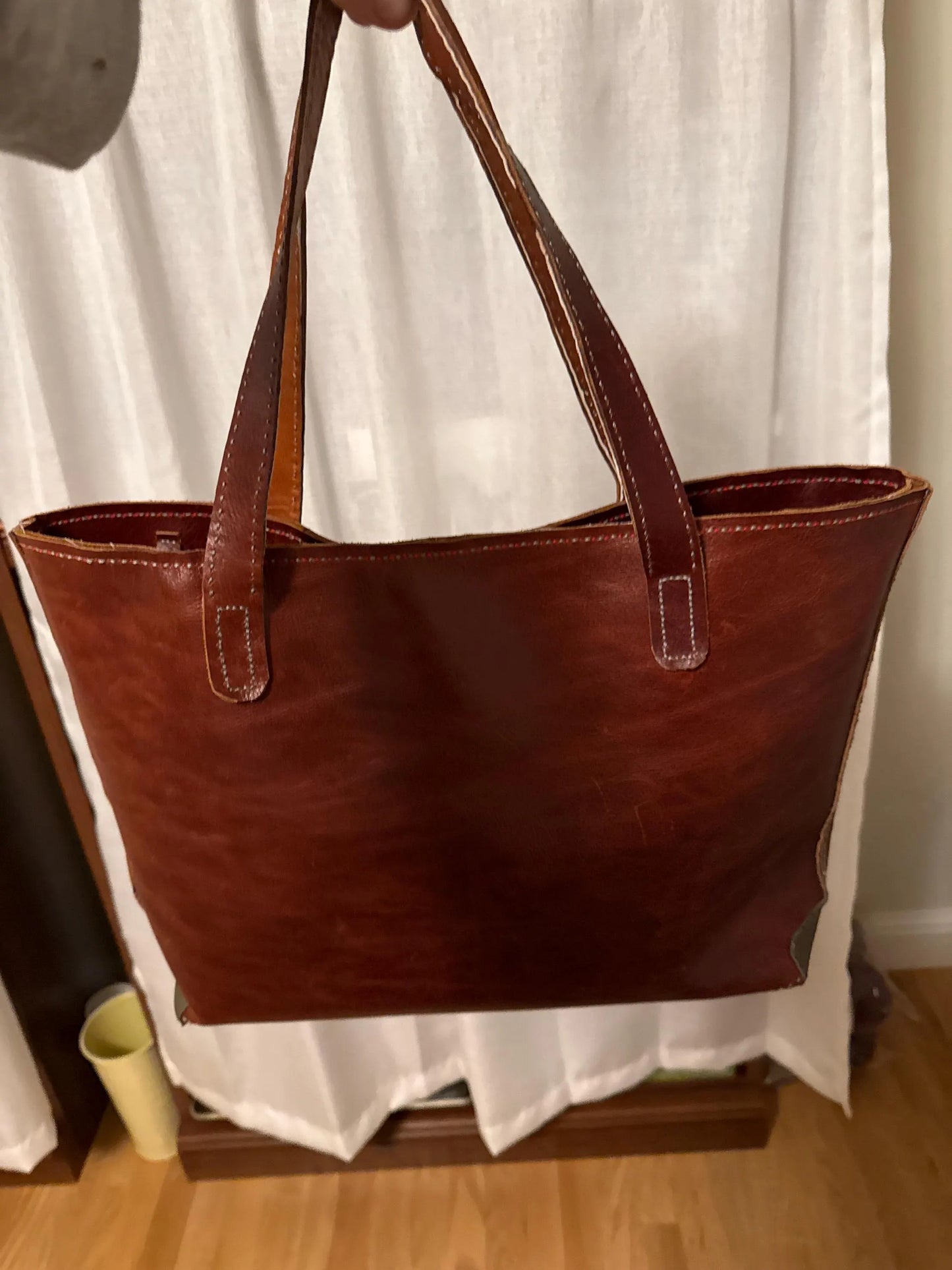 Red-Brown Cow Leather Tote with Anatomically Correct Skeleton and Skull Satin Lining