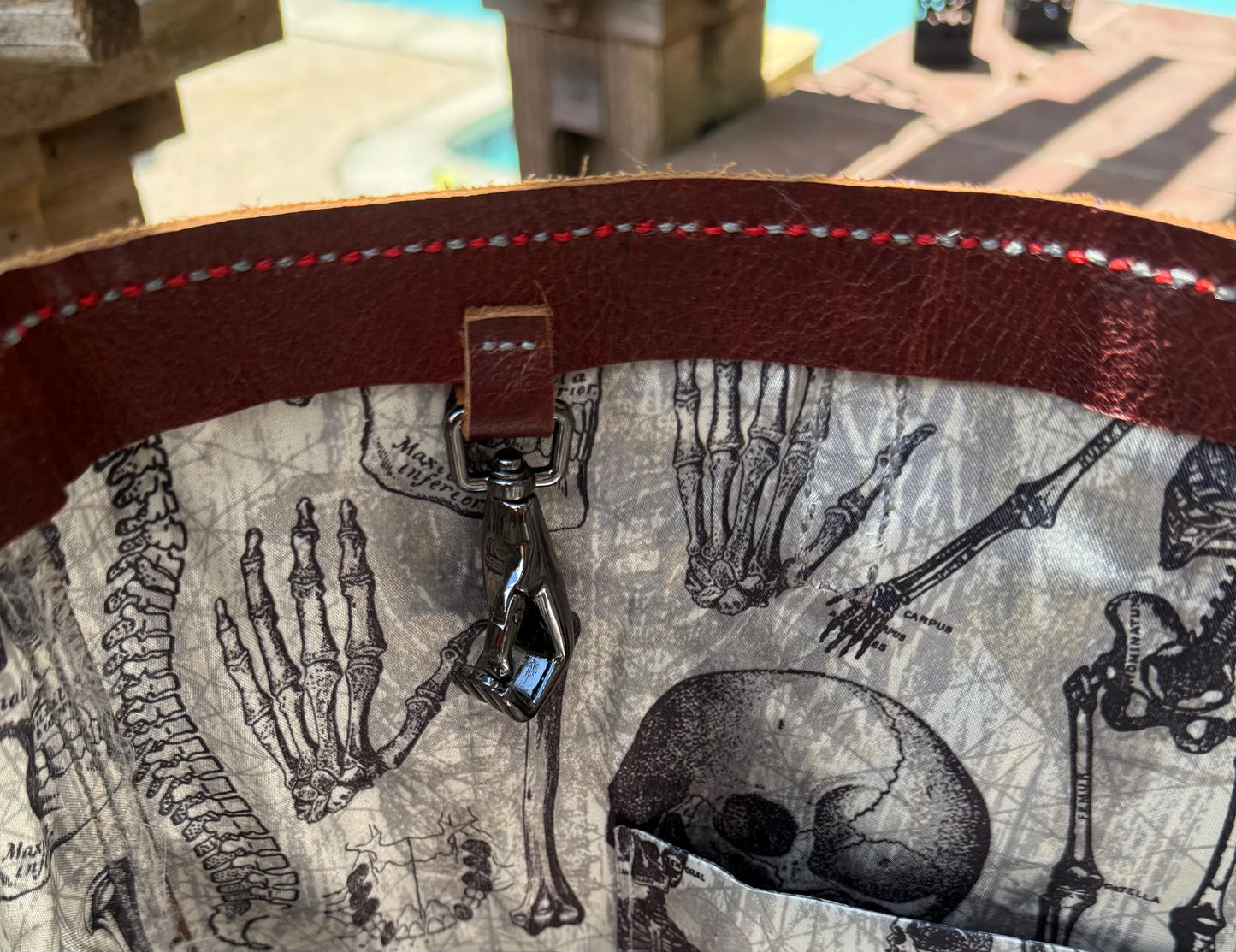 Red-Brown Cow Leather Tote with Anatomically Correct Skeleton and Skull Satin Lining